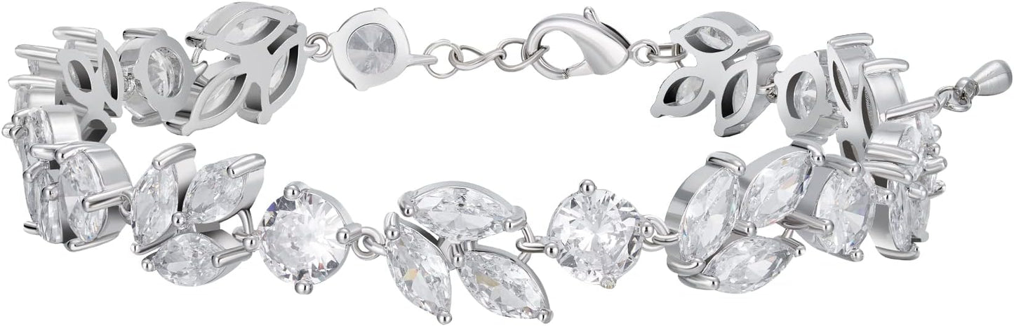 SWEETV Cubic Zirconia Wedding Bridal Bracelet for Brides,Bridesmaids, Silver Crystal Elegant Tennis Bracelet for Women Prom Jewelry Gifts