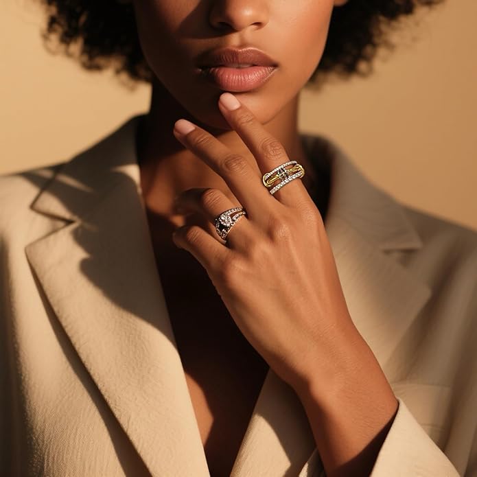 14K Gold Plated Interlocked Stackable Rings for Women Non Tarnish,Gold and Silver Cubic Zirconia Statement Rings Set,Mixed Metals Ring Two-Toned Connected Bands Stacking Jewelry