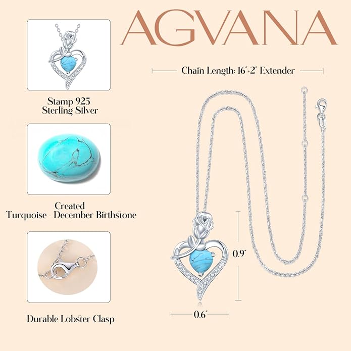 AGVANA Rosy Reverie Birthstone Necklace for Women Sterling Silver Genuine or Created Gemstone Rose Flower Heart Pendant Necklace Anniversary Birthday Gifts for Women Mom Wife Her