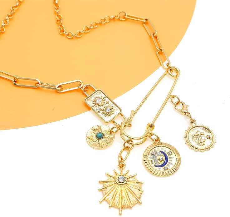 Chunky Retro Heart Necklace for Women Antique Layer Beach Ocean Moon Stars Western Boho Charm Necklaces Retro Link Chain Jewelry