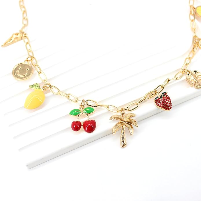 Gold Plated Paperclip Chain Beach Charm Necklace for Women Cute Shell Bow Dainty Beachy Starfish Pearl Seashell Strawberry Fruit Heart Mermaid Summer Jewelry Gift