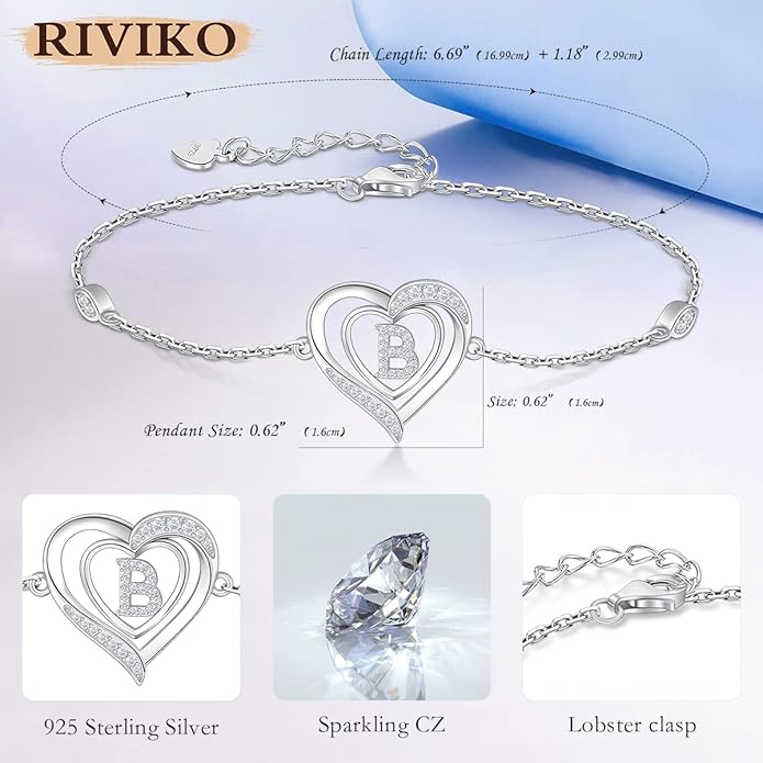 RIVIKO Heart Initial Bracelets for Women,925 Sterling Silver Letter Bracelets, Personalized Charm Alphabet Jewelry Valentines Christmas Mother’s Day Birthday Gifts for Women Friend Her Mom Wife Lady