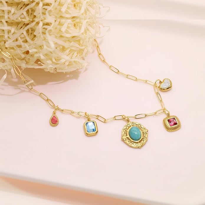 Chunky Retro Heart Necklace for Women Antique Layer Beach Ocean Moon Stars Western Boho Charm Necklaces Retro Link Chain Jewelry