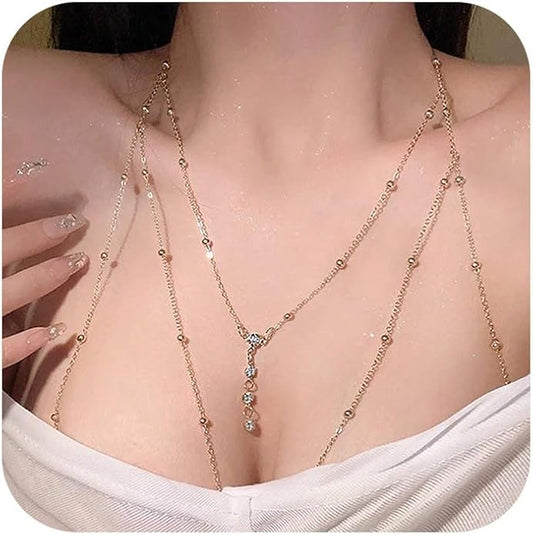 14K Gold Body Chains for Women, Sexy Layered Belly Waist Chain Bikini Bra Chain, Summer Beach Rhinestone Body Jewelry