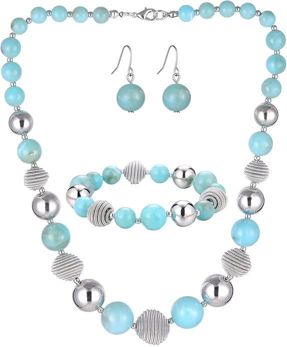 PEARL&CLUB Beaded Chunky Statement Necklace Earring and Bracelet Set Silver Metal Bead Fashion Jewelry Set Mothers’ Day Gifts for Women
