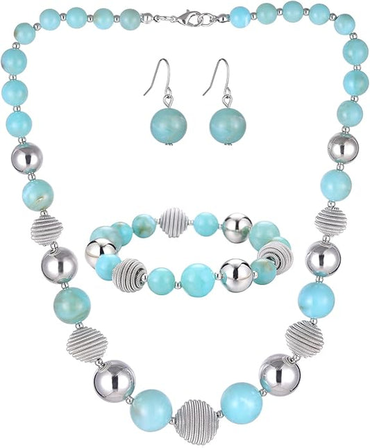 PEARL&CLUB Beaded Chunky Statement Necklace Earring and Bracelet Set Silver Metal Bead Fashion Jewelry Set Mothers’ Day Gifts for Women