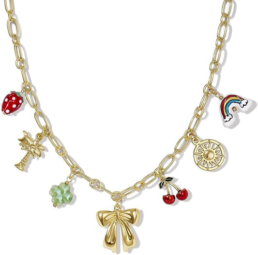 KissYan Charm Necklace for Women, 14K Gold Plated Heart Starfish Sun Pendant Fashion Link Chain Boho Summer Beach Jewelry Gifts