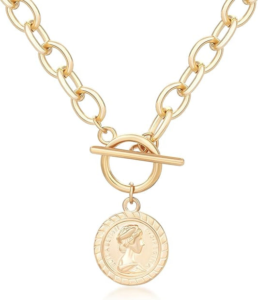 Charm Necklace for Women Gold Evil Eye Sun Moon Flower Coin Pendant Necklace Dainty Paperclip Chain Vintage Luck Amulet Choker Necklaces Celestial Jewelry Gift