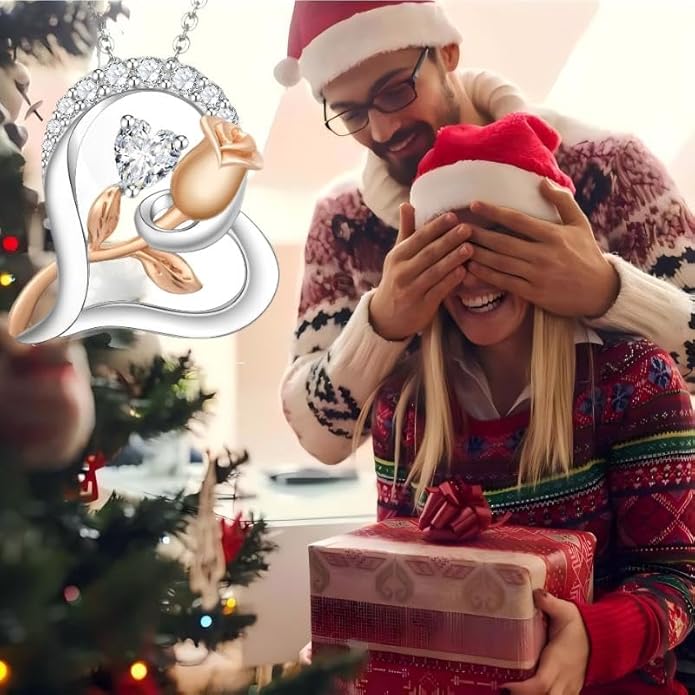 Rose Flower Heart Birthstone Necklaces for Women, 925 Sterling Silver Anniversary Jewelry, Pendant Heart Necklaces Birthday Anniversary Christmas Gift for Women Wife Mom Girlfriend Lady