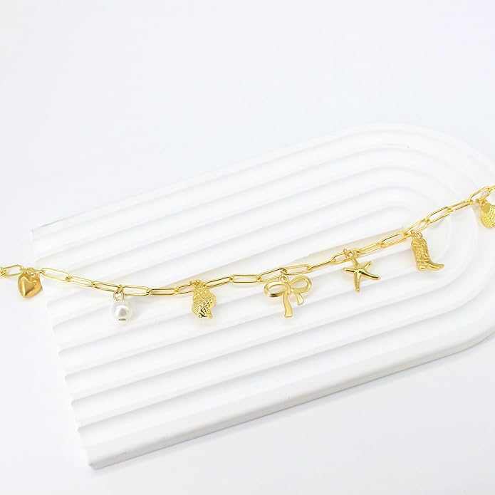 Gold Plated Paperclip Chain Beach Charm Necklace for Women Cute Shell Bow Dainty Beachy Starfish Pearl Seashell Strawberry Fruit Heart Mermaid Summer Jewelry Gift