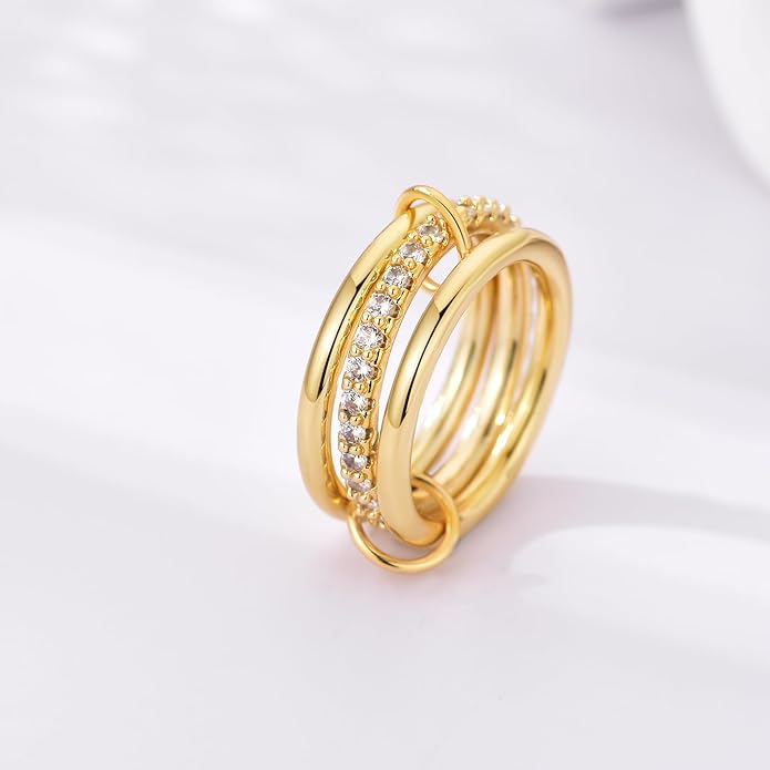 14K Gold Plated Interlocked Stackable Rings for Women Non Tarnish,Gold and Silver Cubic Zirconia Statement Rings Set,Mixed Metals Ring Two-Toned Connected Bands Stacking Jewelry