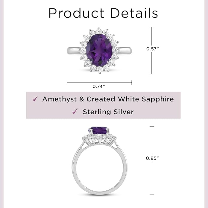 Jewelili Sterling Silver 10x8 MM Oval Amethyst with Round Created White Sapphire Engagement Ring