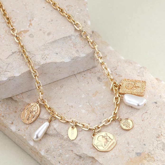 Charm Necklace for Women Gold Evil Eye Sun Moon Flower Coin Pendant Necklace Dainty Paperclip Chain Vintage Luck Amulet Choker Necklaces Celestial Jewelry Gift