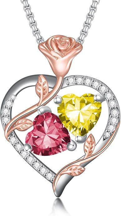 Jewelry for Her Double Heart Rose Birthstone Pendant Necklace Anniversary Jewelry Christmas Birthday Gifts for Women Wife Girlfriend