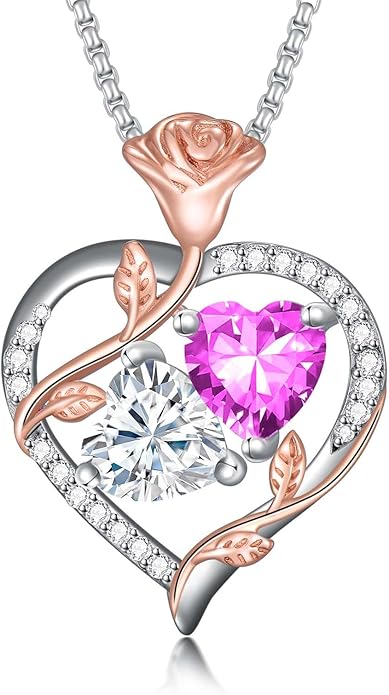 Jewelry for Her Double Heart Rose Birthstone Pendant Necklace Anniversary Jewelry Christmas Birthday Gifts for Women Wife Girlfriend