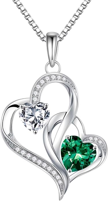 Iefil Birthstone Necklace for Women - 925 Sterling Silver Double Birthstone Heart Necklace | Anniversary Birthday Gifts for Women | Personalized Gifts | Jewelry Gifts for Wife Mom Girlfriend