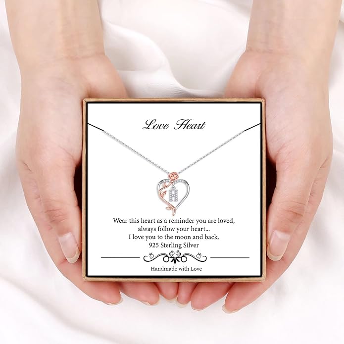 Iefil Rose Heart Necklaces Gifts for Women - 925 Sterling Silver Rose Heart Initial Necklace, Anniversary Birthday Gifts for Women, Jewelry Gift for Her Wife Girlfriend Mom Daughter