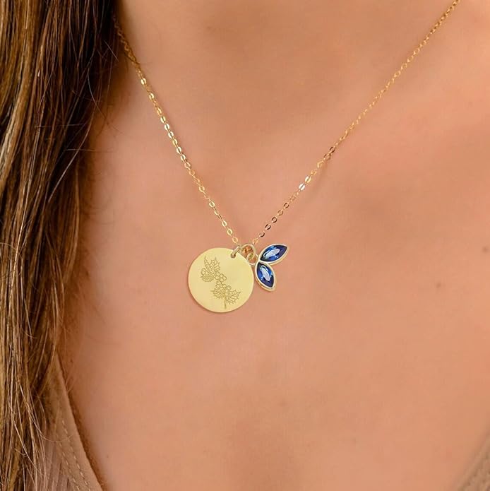 14k Gold Plated Birth Month Flower Birthstone Pendant Necklace, Floral Charm Necklace for Women Birthday Gift