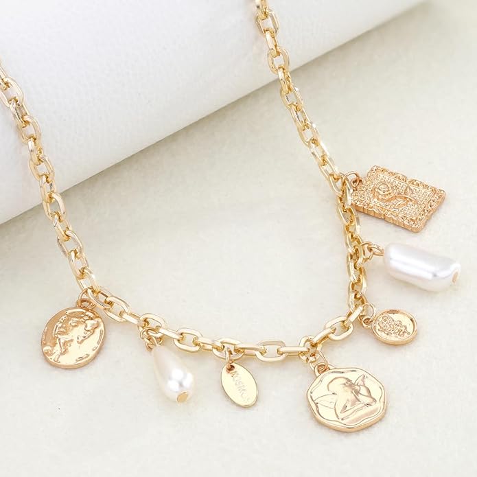 Charm Necklace for Women Gold Evil Eye Sun Moon Flower Coin Pendant Necklace Dainty Paperclip Chain Vintage Luck Amulet Choker Necklaces Celestial Jewelry Gift