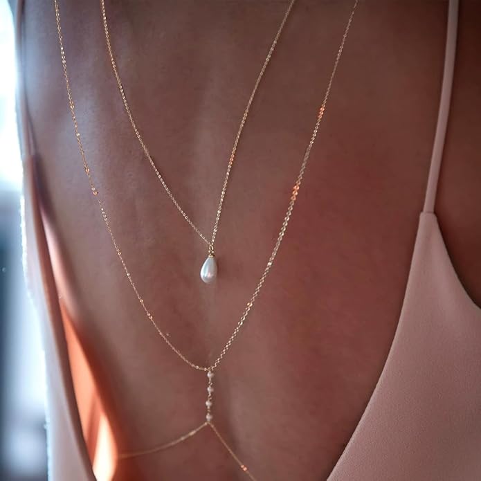 MODRSA Gold Body Chain Jewelry for Women Back Necklace for Backless Dress Backdrop Pearl Rhinestone Belly Chain Waist Chains Bra Chains Lingerie Summer Bikini Bodychain Trendy Sexy Stomach Jewelry