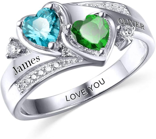 Sterling Silver Personalized mothers ring with 2 birthstones family jewelry gift for her promise ring customized name engraved ring