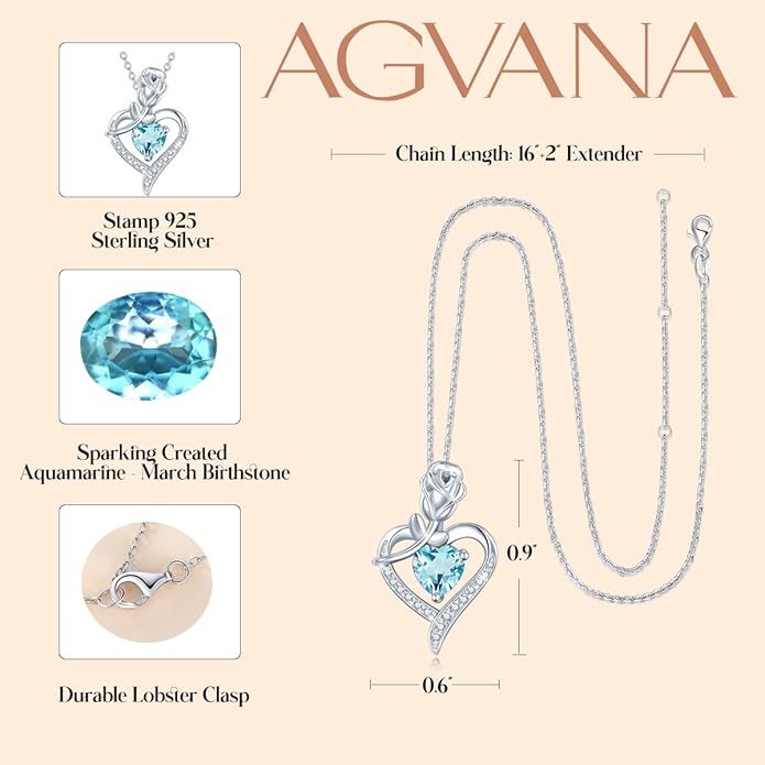 AGVANA Rosy Reverie Birthstone Necklace for Women Sterling Silver Genuine or Created Gemstone Rose Flower Heart Pendant Necklace Anniversary Birthday Gifts for Women Mom Wife Her