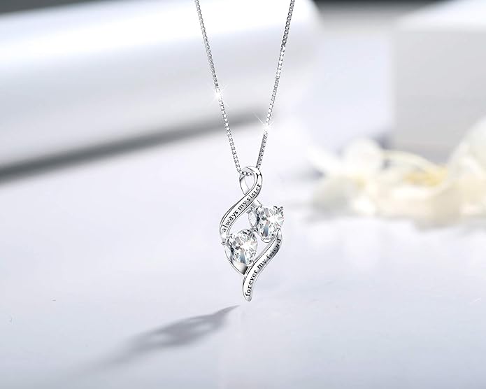 925 Sterling Silver Always My Daughter&Sister Forever My Friend Double Love Heart Pendant Necklace, Mother Daughter Bracelet Jewelry Gifts for Sister Women Couples Wife Mom Girlfriend