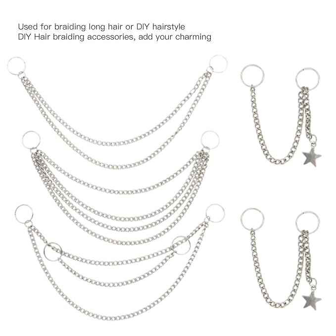 5PCS Hip Hop Punk Hair Braid Chain Hair Jewelry Chain Rings Ponytail Hair Accessories Dreadlock Hair Braid Hair Decoration Clips for Women