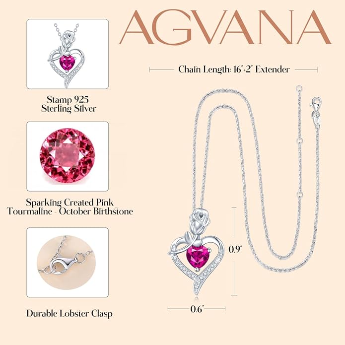 AGVANA Rosy Reverie Birthstone Necklace for Women Sterling Silver Genuine or Created Gemstone Rose Flower Heart Pendant Necklace Anniversary Birthday Gifts for Women Mom Wife Her