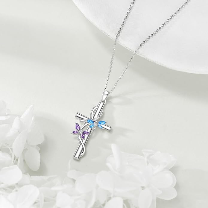 Flower Cross Necklace 925 Sterling Silver Carnation/Rose/Lily/Daisy Cross Necklace Birth Flower Jewelry for Women