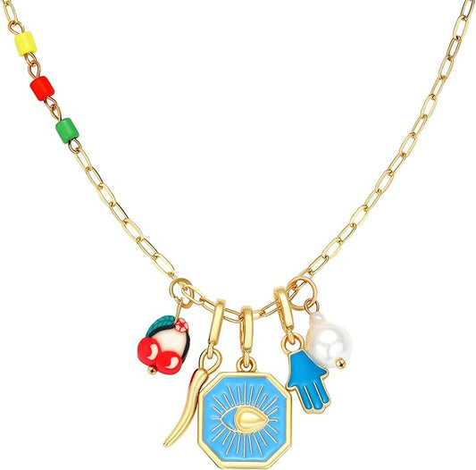 Charm Necklace for Women Gold Evil Eye Sun Moon Flower Coin Pendant Necklace Dainty Paperclip Chain Vintage Luck Amulet Choker Necklaces Celestial Jewelry Gift