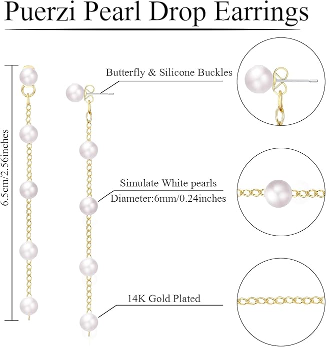 Pearl Earrings，4mm 5mm 6mm Gold/Silver Dangle Earrings for Women White Long Drop Pearl Dangling Earrings Bridal Wedding Dainty Prom Earrings Birthday Gifts Jewelry