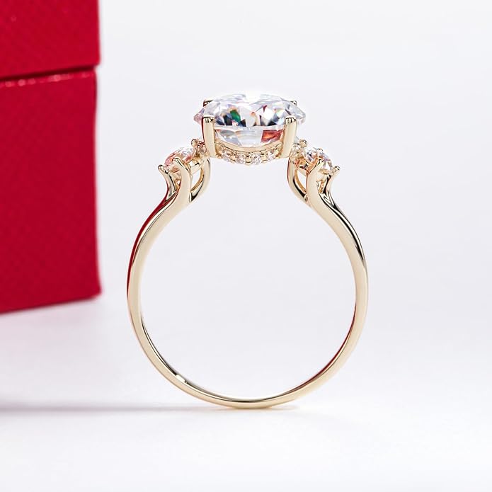 Solid 14K Gold 3.36ct Moissanite Three Stone Rings (3ct Center Stone), Round/Oval/Emerald Shape, Real Gold | D Color and Flawless Moissanite | Wedding Anniversary Ring