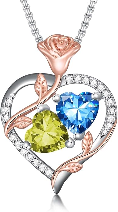 Jewelry for Her Double Heart Rose Birthstone Pendant Necklace Anniversary Jewelry Christmas Birthday Gifts for Women Wife Girlfriend