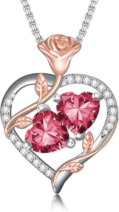 Jewelry for Her Double Heart Rose Birthstone Pendant Necklace Anniversary Jewelry Christmas Birthday Gifts for Women Wife Girlfriend