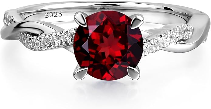 LUO 925 Sterling Silver 7x7mm Round Cut Gemstone Birthstone Rings for Women, Twist Infinity Engagement Ring Birthstone Jewelry Anniversary Wedding Promise for Lady Size 3-13