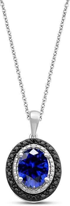 Jewelili Sterling Silver Oval Halo Pendant Necklace for Women | Created Opal, Created Ruby & Created Blue Sapphire with Treated Black & White Round Diamonds | 18" Rolo Chain | Jewelry Gift with Box