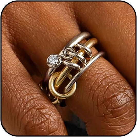 TLY Stackable Gold Rings for Women Non Tarnish 18K Gold Plated Interlocking Ring Stack Set Gold Silver Mixed Metal Statement Rings Dainty Cubic Zirconia CZ Fashion Connected Band Thumb Ring Size 4-11 Jewelry Gift for Women