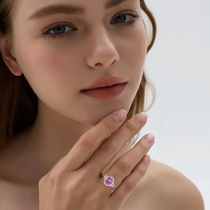 DAYBYDAY Celtic Birthstone Rings for Women 925 Sterling Silver Heart/Round/Pear/Oval Created Gemstone Moissanite Halo Engagement Promise Rings for Her Wife Birthday Anniversary Wedding Jewelry