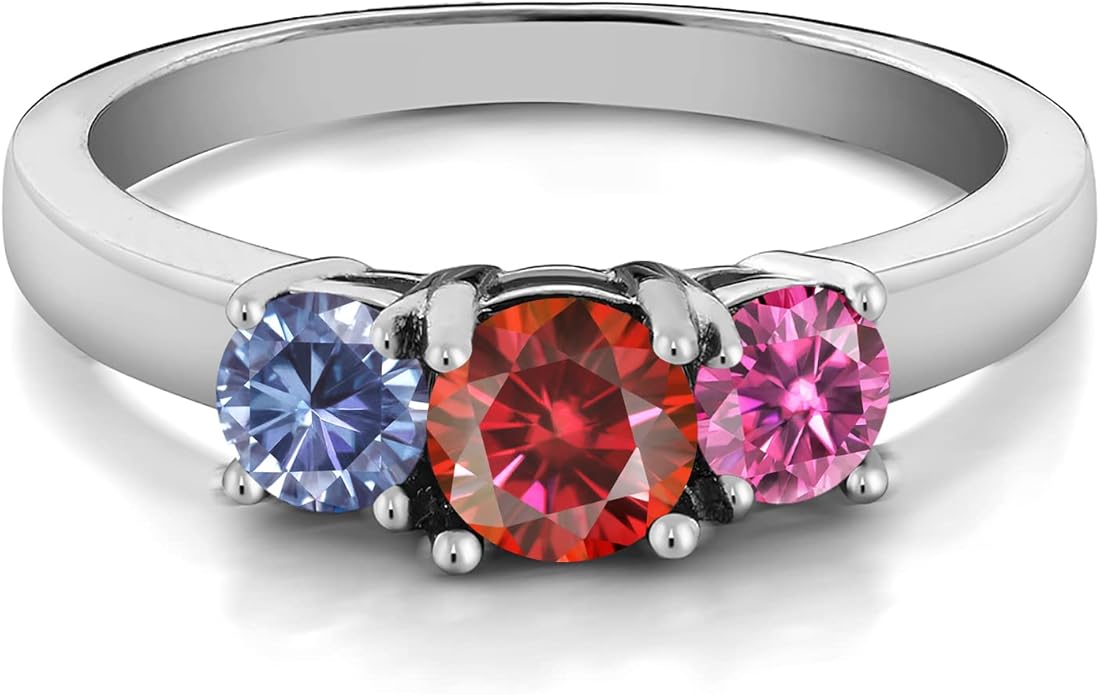 Gem Stone King 925 Sterling Silver Customized and Personalized 3 Gemstone Birthstone Name Engraved Ring For Women | Round 5MM and 4MM | Available In Size 5, 6, 7, 8, 9