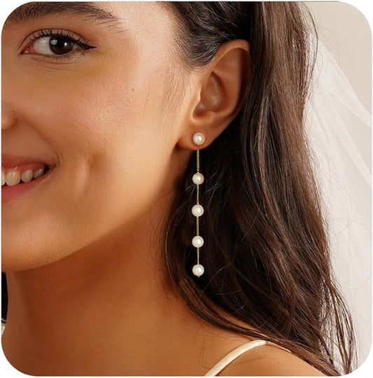 Pearl Earrings，4mm 5mm 6mm Gold/Silver Dangle Earrings for Women White Long Drop Pearl Dangling Earrings Bridal Wedding Dainty Prom Earrings Birthday Gifts Jewelry