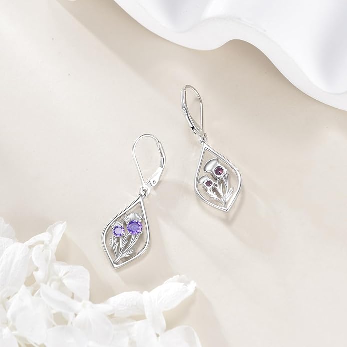 Scottish Thistle/Sunflower/Violet/Daffodil/Orchid Earrings Sterling Silver Flower Dangle Dangling Drop Boho Earrings Jewelry Gifts for Women