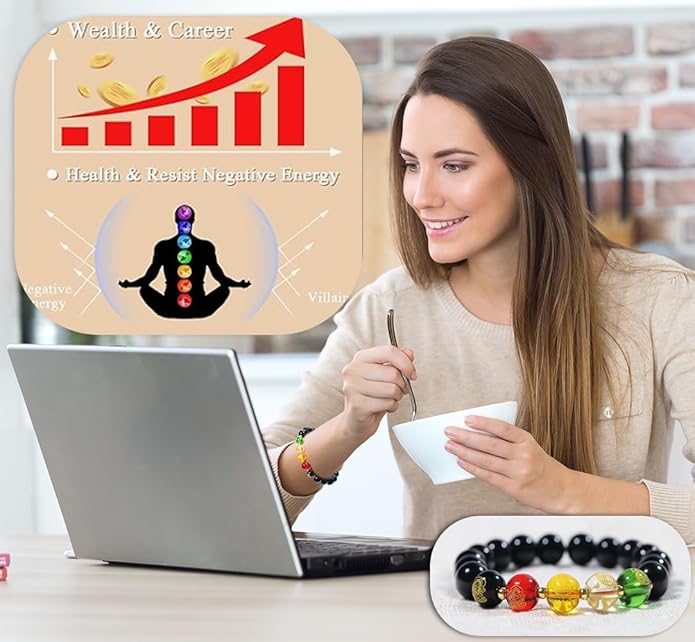 GOLDEN SMILE 10mm Black Obsidian Feng Shui Bracelet - Five Wealth Gods Design with Gold-Plated Spacers & Consecrated Spiritual Talisman - Unisex Meditation Mala for Prosperity, Fortune & Luck