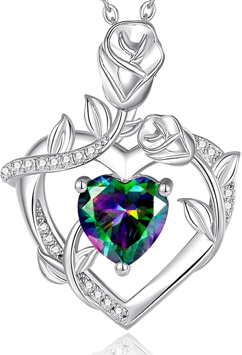 AGVANA Rose Birthstone Necklace for Women Sterling Silver Rose Flower Heart Necklace Fine Jewelry Anniversary Birthday Gifts for Women Wife Mom Her, Length: 18"+2"