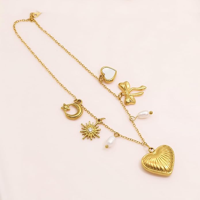 Chunky Retro Heart Necklace for Women Antique Layer Beach Ocean Moon Stars Western Boho Charm Necklaces Retro Link Chain Jewelry