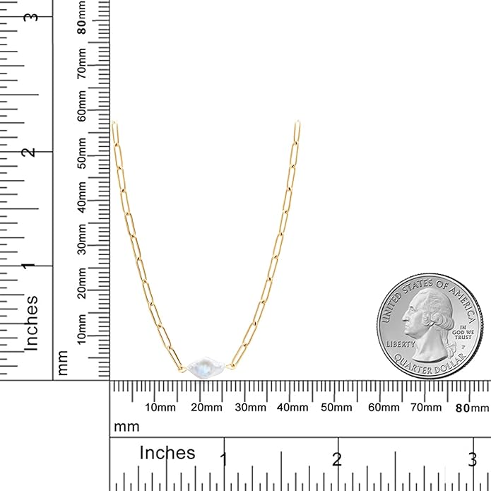 Gem Stone King Shell Pearl Paperclip Link Chain Yellow Gold Plated Stainless Steel Pendant Necklace For Women (Pearl: 14X9MM and Chain: 18 Inch = 16 + 2 Inch Length)