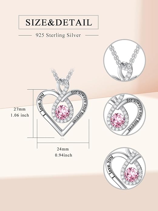 I Love You For Always and Forever Birthstone Necklace Infinity Love Heart Pendant Jewelry Christmas Valentine Mothers Day Birthday Gifts for Women Her Wife Girlfriend