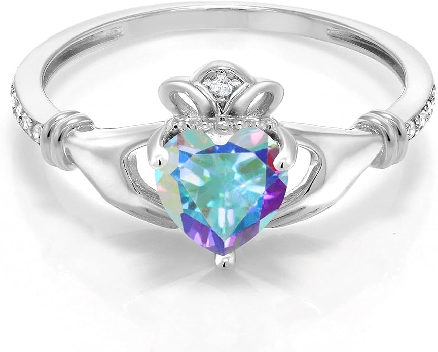 Gem Stone King 10K White Gold 6MM Heart Shape Gemstone Birthstone and White Diamond Irish Celtic Claddagh Engagement Ring | Gold Ring For Women | Available In Size 5, 6, 7, 8, 9