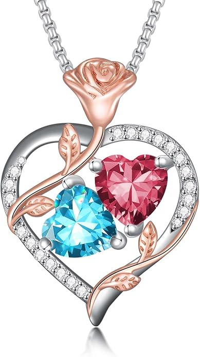 Jewelry for Her Double Heart Rose Birthstone Pendant Necklace Anniversary Jewelry Christmas Birthday Gifts for Women Wife Girlfriend