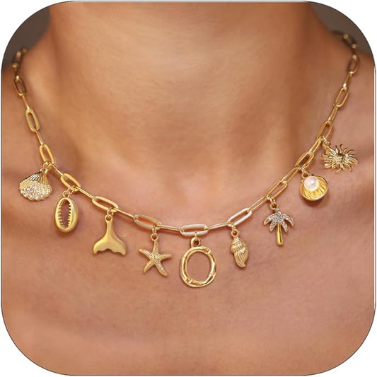 Initial Charm Necklace For Women Shell Letter Necklaces Gold Charms Pendant Boho Summer Seashell Beach 14k Starfish Surfer Jewelry Gifts